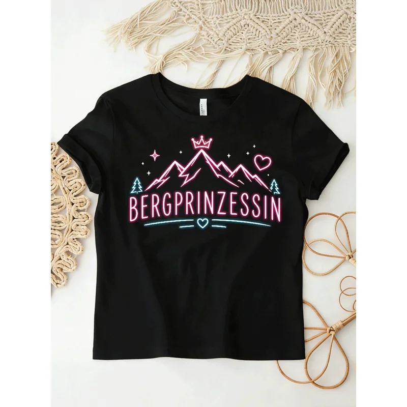 Bergprinzessin Mountain Princess Graphic T-Shirt Women Mountain Crown Heart Print Casual Short Sleeve Tee