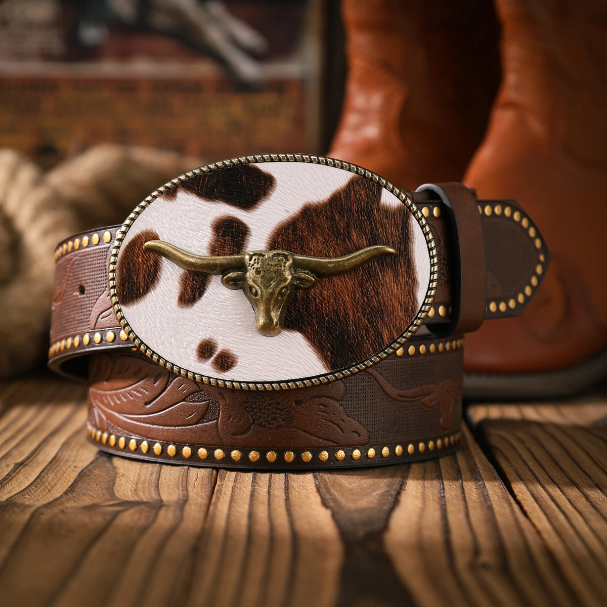 1pc Western Cowboy Style Belt - Suitable for Both Men and Women. Western Buckle PU Embossed Belt. Unique and Retro Design