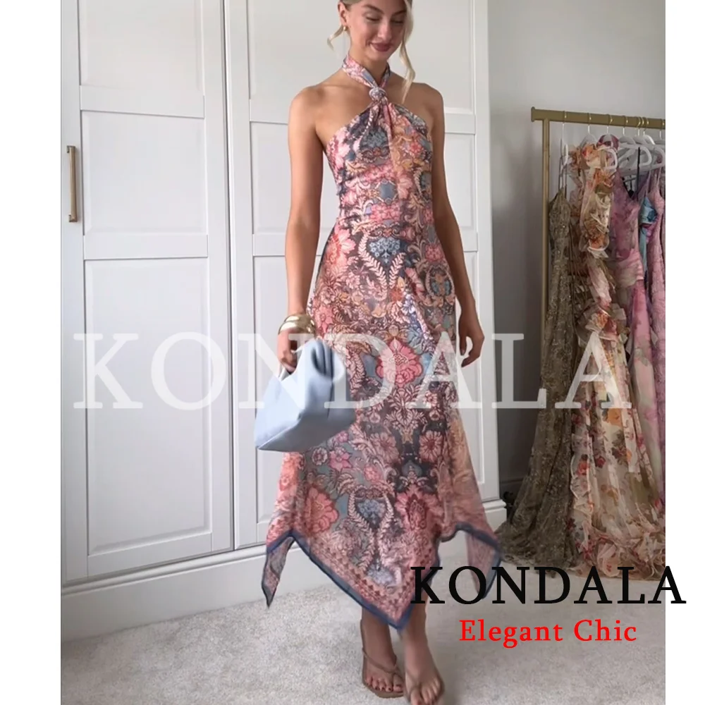 KONDALA Women Trendy Beach Print Halter Dress Backless Sleeveless Long Dress New Fashion 2026 Spring Summer Holiday Cute Dress view 2