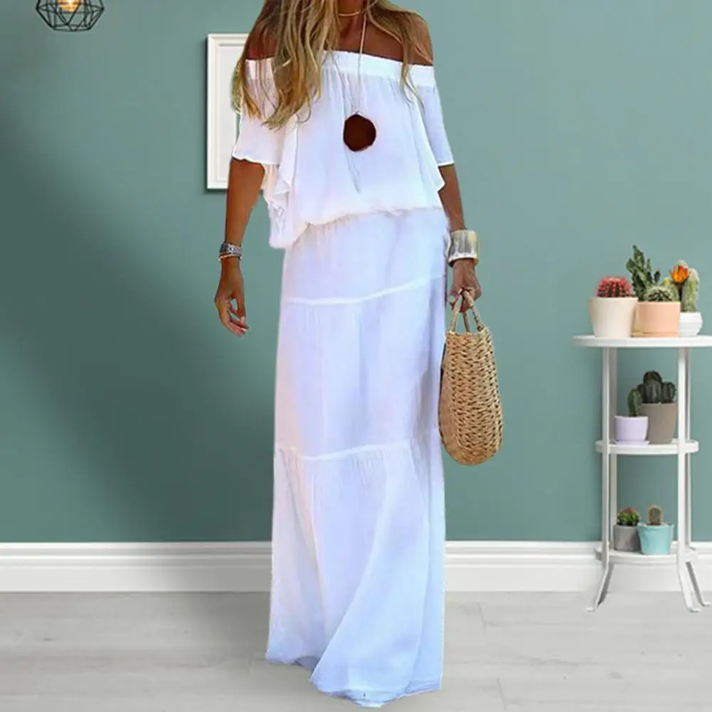 

Off Shoulder Elegant Maxi Dress Short Sleeve Elastic Waist Large Hem Women Dress Sexy Summer Casual Slash Neck Lady Dress