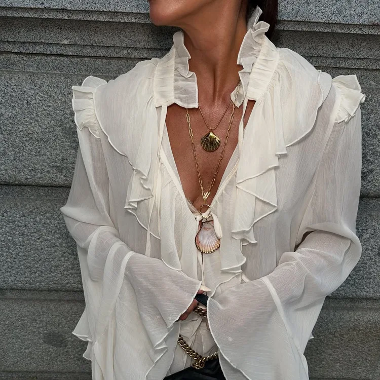 Casual Loose Sleeveless Shirt with Pleated  And Bell Sleeves Fastening at Waist Sun Protection Women's Fashion Top