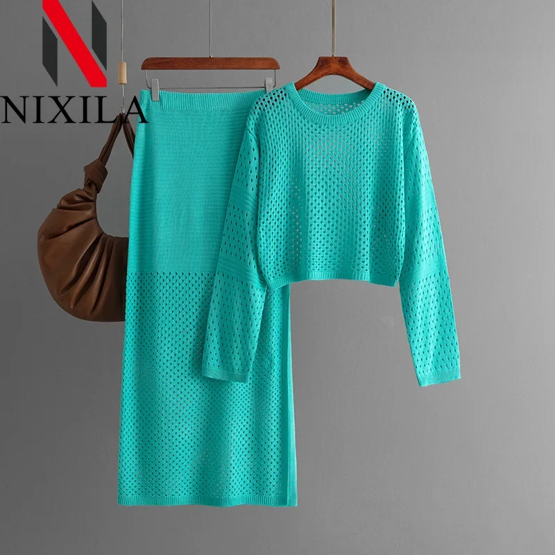 Primavera Autunno Maglia Hollow Pullover Abito alla moda Set da due pezzi Abiti da donna Elegante ufficio Top a maniche lunghe Set di gonne