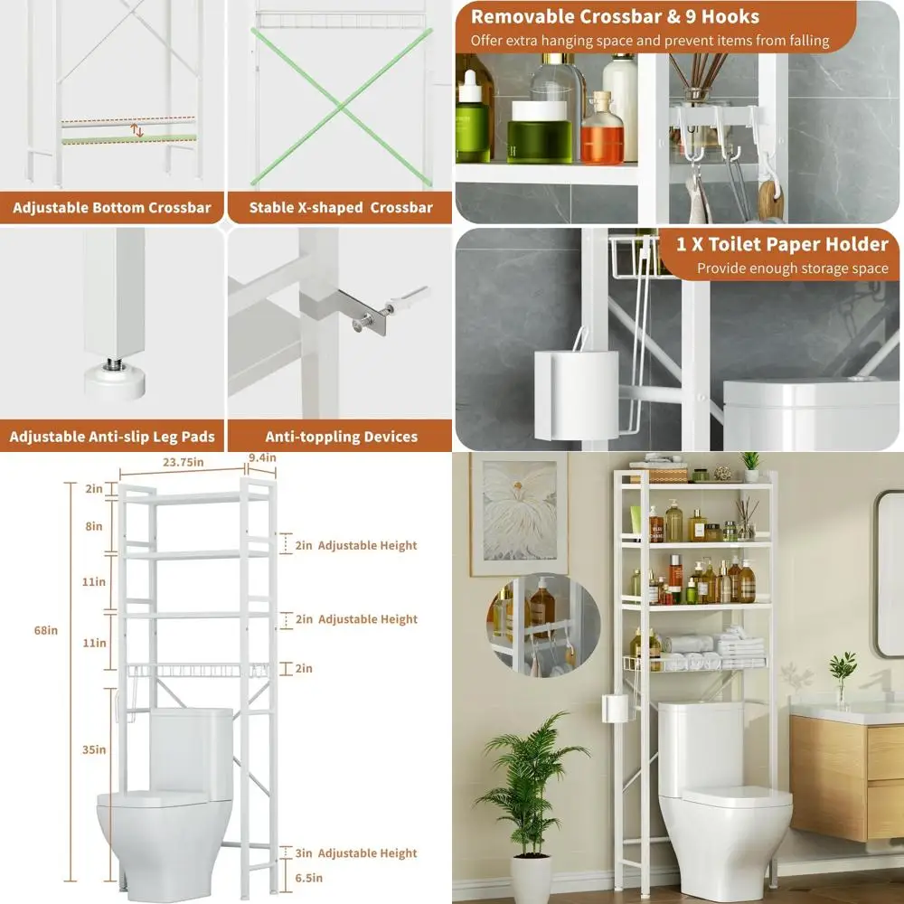 

4-ярусная полка для хранения над унитазом с держателем для туалетной бумаги и 9 крючками, белый органайзер для ванной комнаты