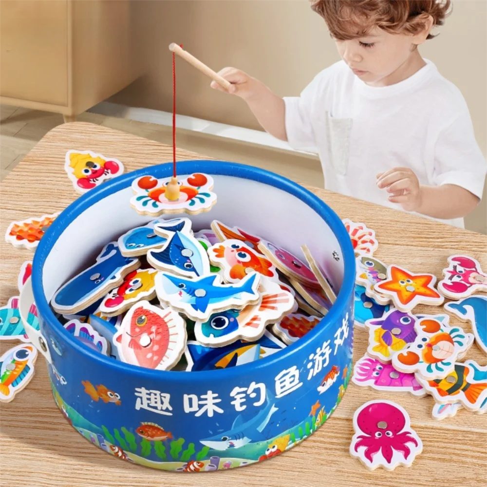 Nowa Drewniana Gra Montessori w Łowienie Rybek, Kolorowa, Rozwijająca Inteligencję, Zabawka Edukacyjna z Motywem Morskim, Magnetyczna Gra w Łowienie Rybek, Wczesna Edukacja