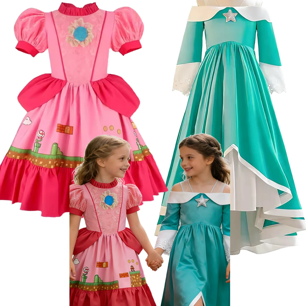 Girls Pink Green Puff Sleeve Peach Fantasy Princess Dress Elegant Gown For Carnival Halloween Birthday Stage Performance 4-12Y