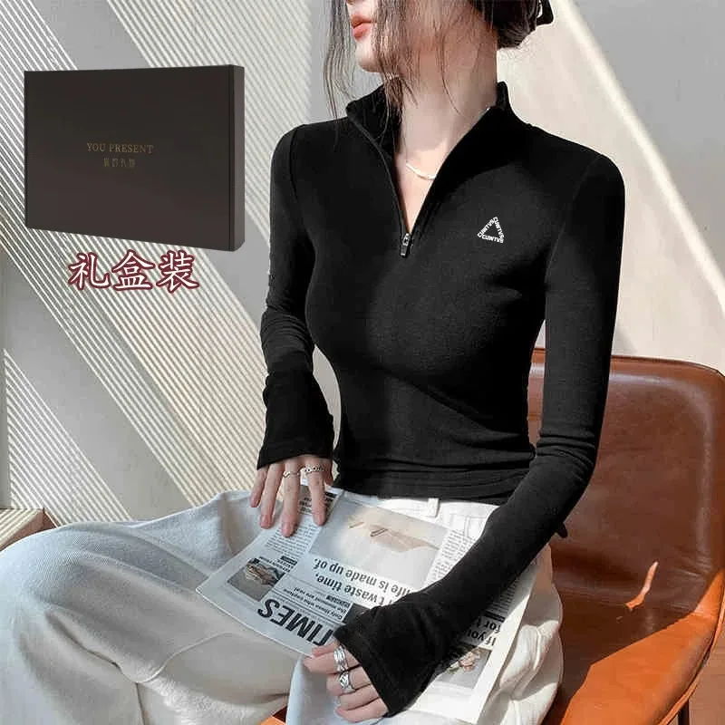 Women Half Zip Stand Collar Long Sleeve Top Letter Embroidery Slim Fit Basic T-shirt Autumn Winter Inner Base Shirt