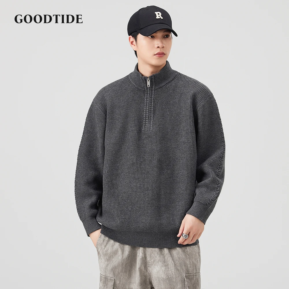 Winter Fashion Men's Casual Half - Zip Turtleneck Sweater Black Waffle Knit Pullover Comfortable Soft Long Sleeve Jumper Top