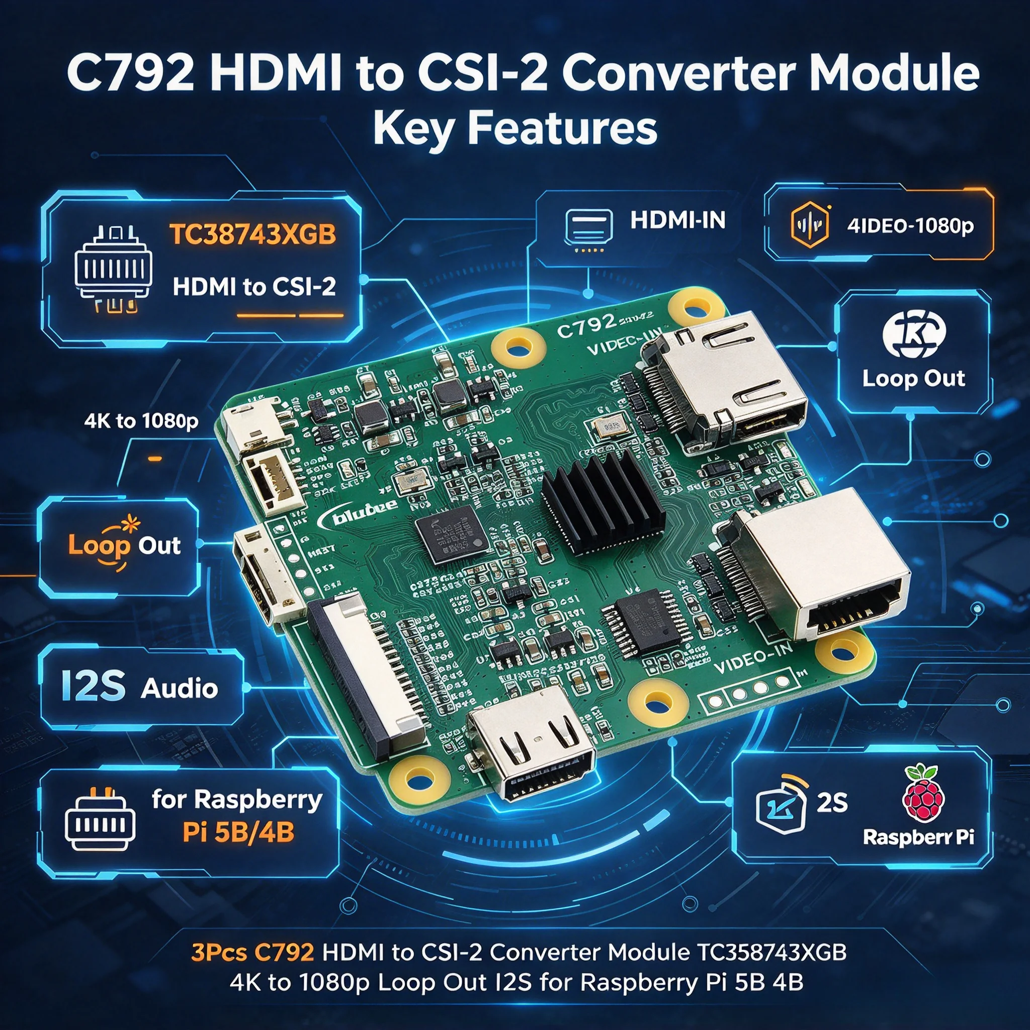 3Pcs C792 HDMI to CSI-2 Converter Module TC358743XGB 4K to 1080p Loop Out I2S for Raspberry Pi 5B 4B