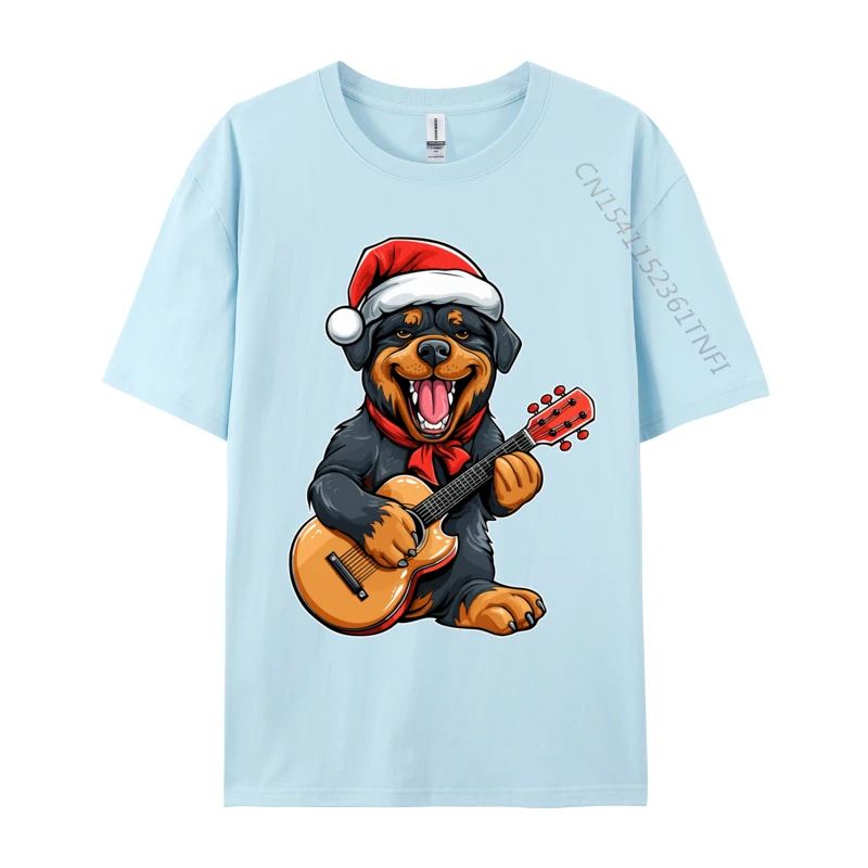 Rottweiler Dog Playing Guitar Christmas Santa Hat Xmas Tshirt For Men Casual Cotton Crew Neck Tshirt Graphic 3d Print