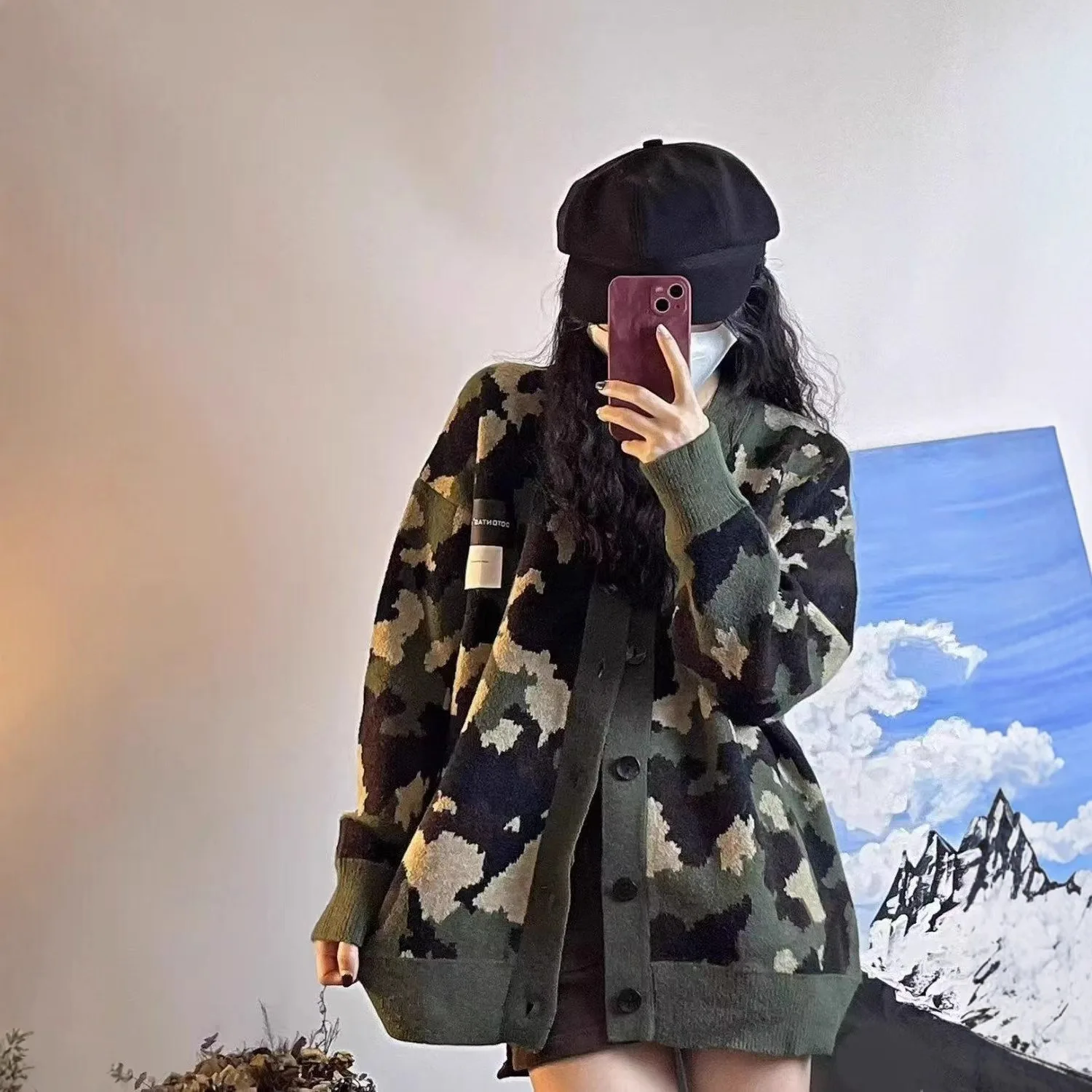 

2025 Autumn Winter New Military Green Camouflage Sweater Cardigan for Women Loose Fit Versatile Sweater for Women