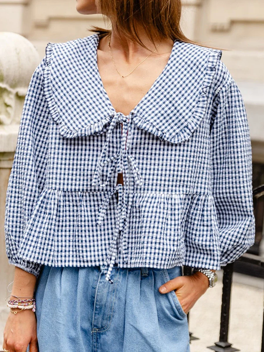 

Women's Summer Sweet Babydoll Shirts Plaid Print Lantern Long Sleeve Doll Collar Bow Tie-Up Front Loose Peplum Tops Streetwear