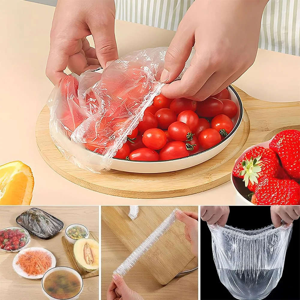 100/200Pcs Disposable cling film cover Food Covers for Food Preservation Children Shower Stretchable Cap Plastic Elastic Cover