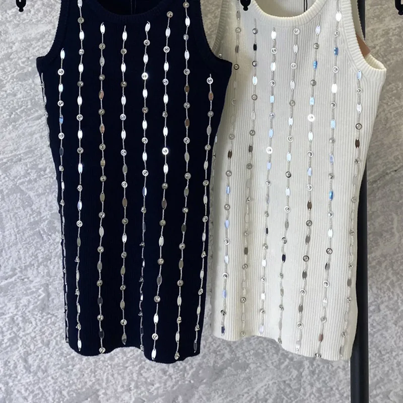 

Women's 2 Color Sexy Hot Drilling Sequined Vests Fashion Classic Sleeveless O Collar Slim Vest Top High End Clothing Summer 24