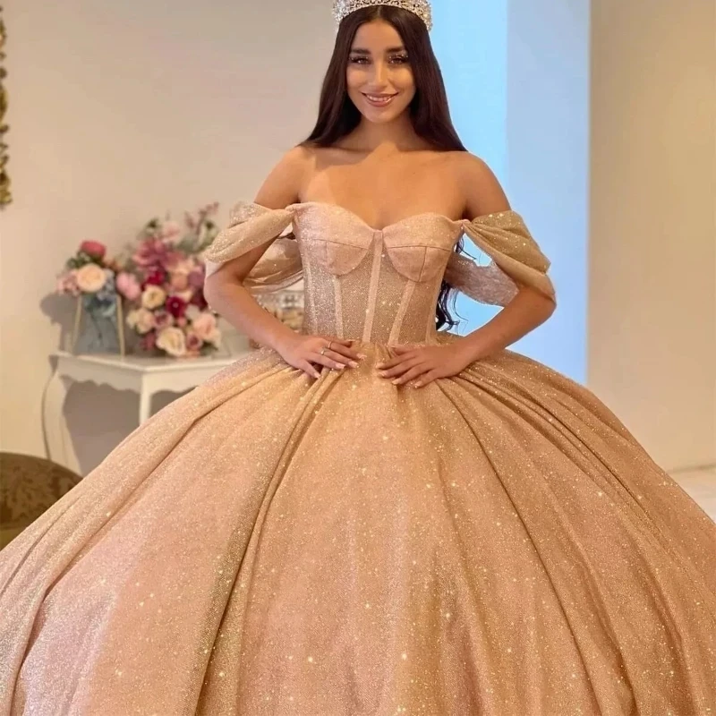 

Розовое Золотое блестящее платье для Quinceanera, милое платье 16, платье для выпускного вечера, с открытыми плечами, корсет, Тюлевое платье для милой принцессы, женское платье 15