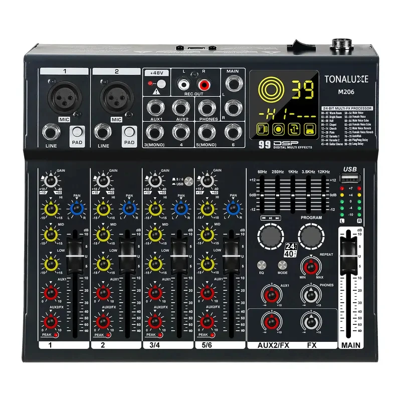 Fuluode M206/M208 Audio mixer 99 Preset DSP Effects 7-Band EQ Adjustment on Main Output Bluetooth USB MONO Input Connectivity