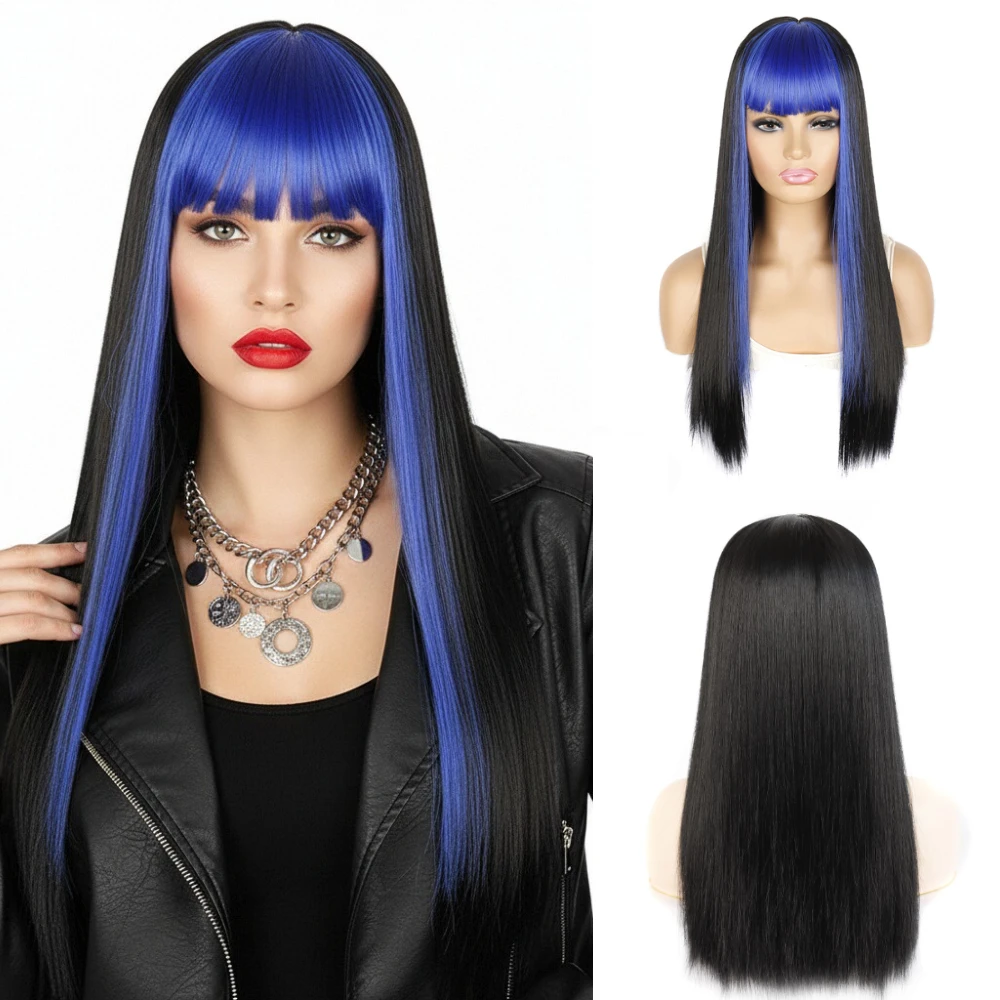 

Женский синтетический цветной отбеленный бакенбарды с челкой, длинный прямой парик, полный головной убор, хип-хоп, аниме, вечерние цветной парик