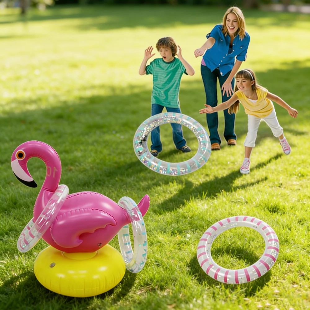 ชุดของเล่นเป่าลม PVC สำหรับเล่นกลางแจ้ง พร้อมห่วง 4 วง เกมโยนห่วงรูปนกฟลามิงโก สำหรับการแข่งขันกีฬา