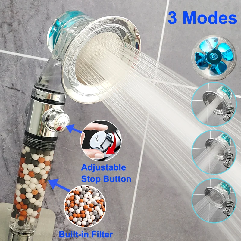 

Душевая насадка с турбопропеллером Big Boost с кнопкой остановки фильтра, 3 режима, регулируемая распылительная насадка, душевая насадка высокого давления для ванной комнаты