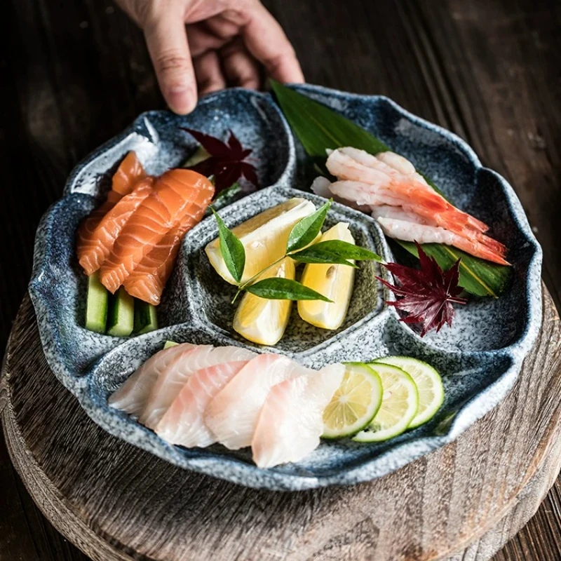 1PC Creative Compartment Ceramic Flat Plate Japanese Cuisine Sushi Sashimi Platter Tableware For Hot Pot Food Serving