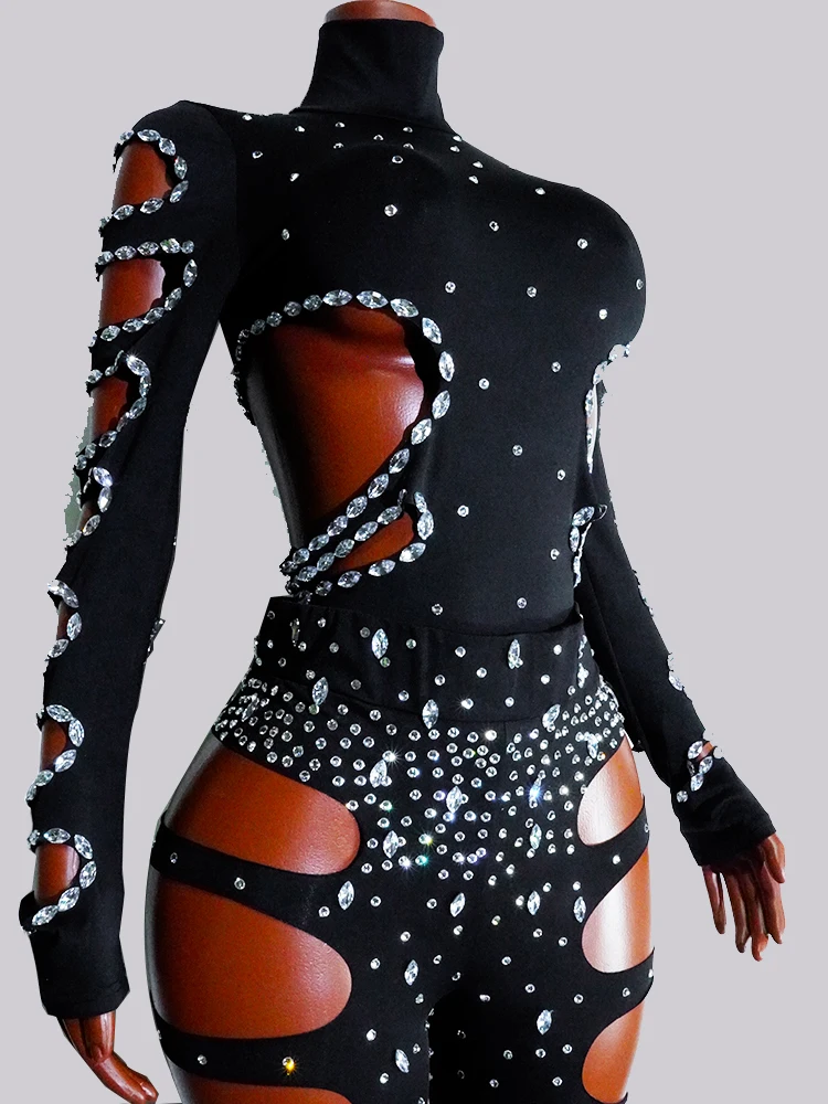 Drag Queen Outfit Sparkly Black Hollow Sexy 2-delig Kristal Dames Avond Prom Vier Verjaardag Nachtclub Prestatiekostuum