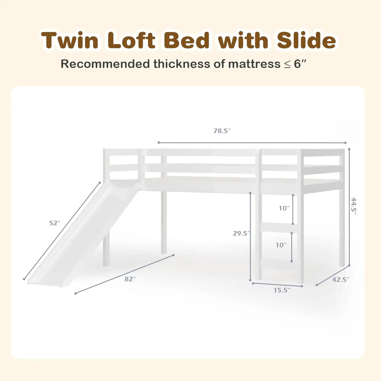 Twin Loft Bed with Slide, Wood Kids Bed for Girls Boys, No Box Spring, White