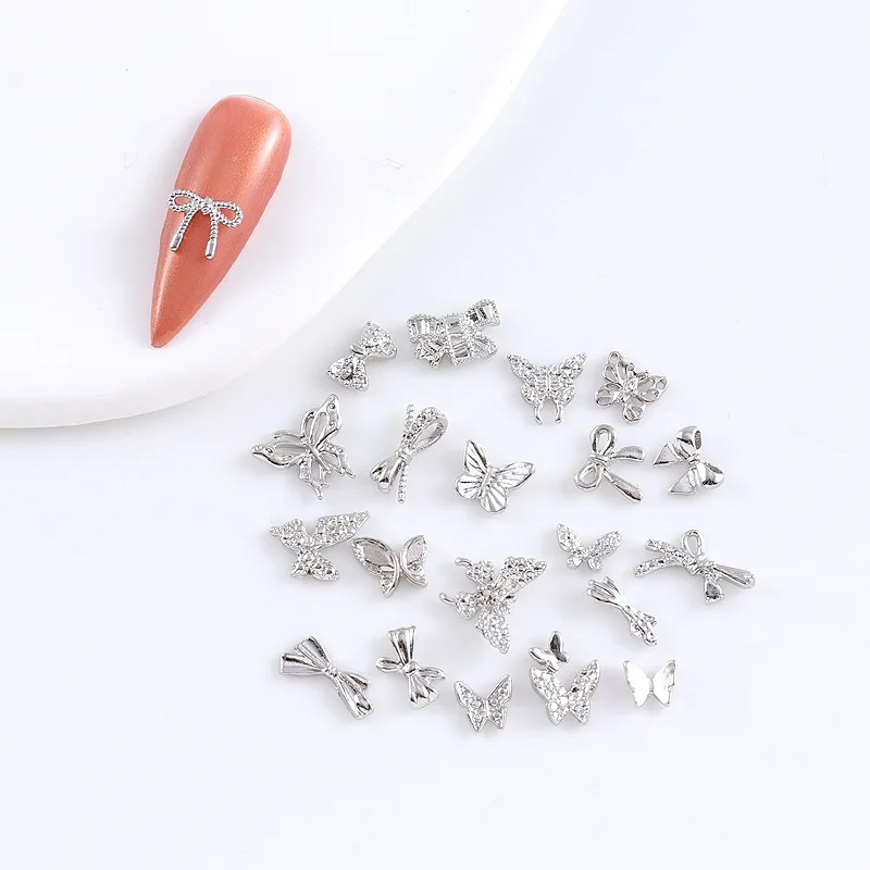 10 Pcs Silver Butterfly Nail Decoration Metal Bow Butterfly Wing Luxury Jewelry Nail Art Charm 3D Manicure Accessories Supplies