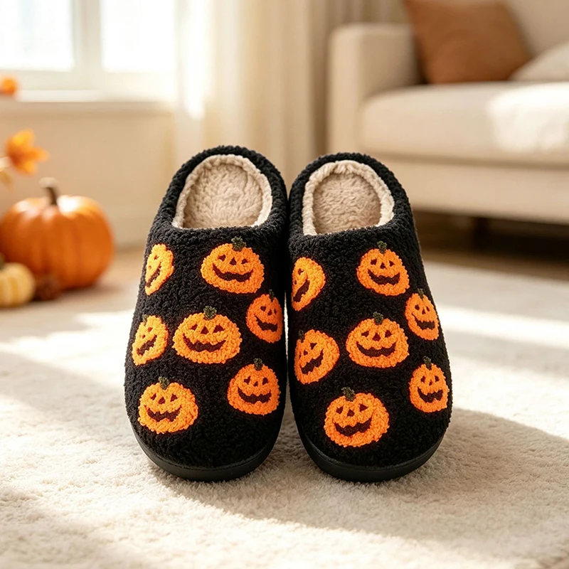 Halloween Fluffy Women Slippers Home Winter Plush Cartoon Spider Pumpkin Designer Shoes Girl Indoor Fuzzy Fur Slides Unisex Soft image 3