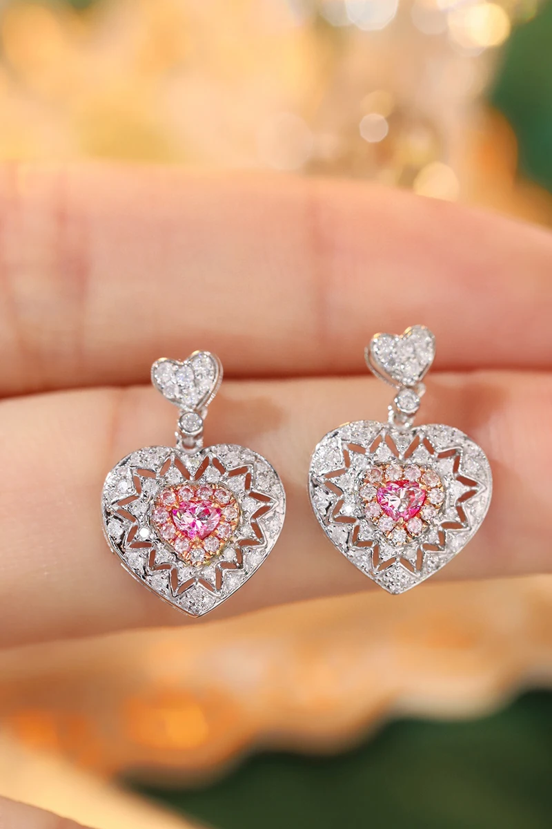 LUOWEND 100% 18K White Gold Earrings Women Real Natural Pink Diamond Earrings Vintage Skeleton Heart Design High Party Jewelry