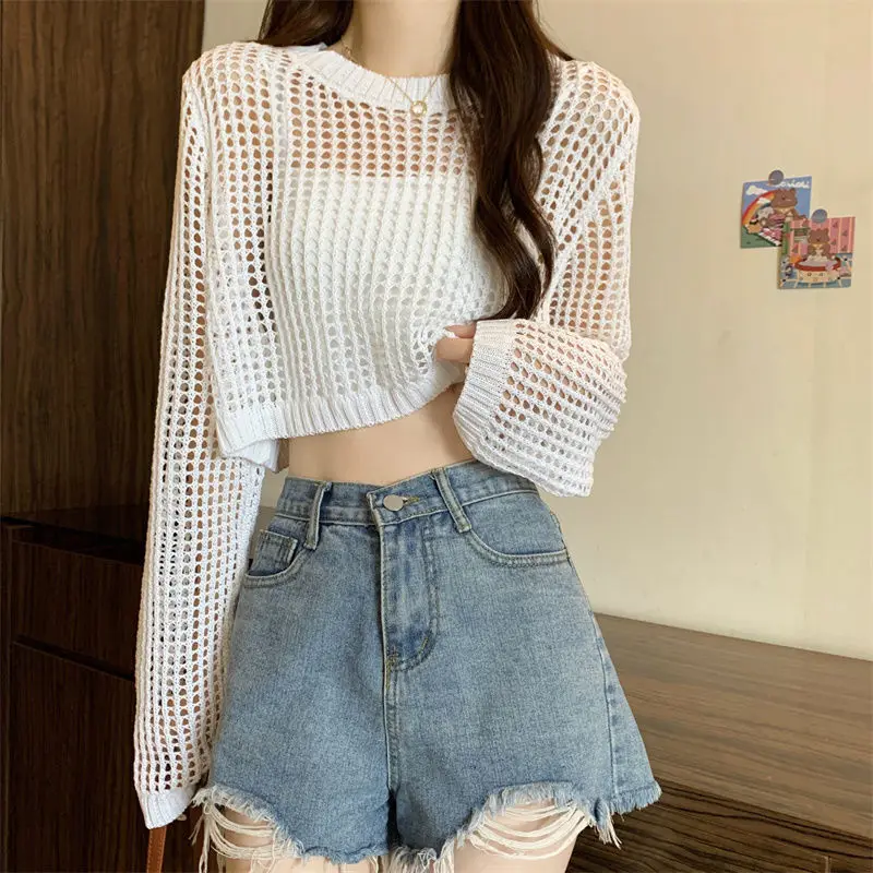 Women\'s Hollow White Black Grey Knit Sweater Short Korean fashion sexy Loose Long Sleeved Fishing Net Tops Women NS5903