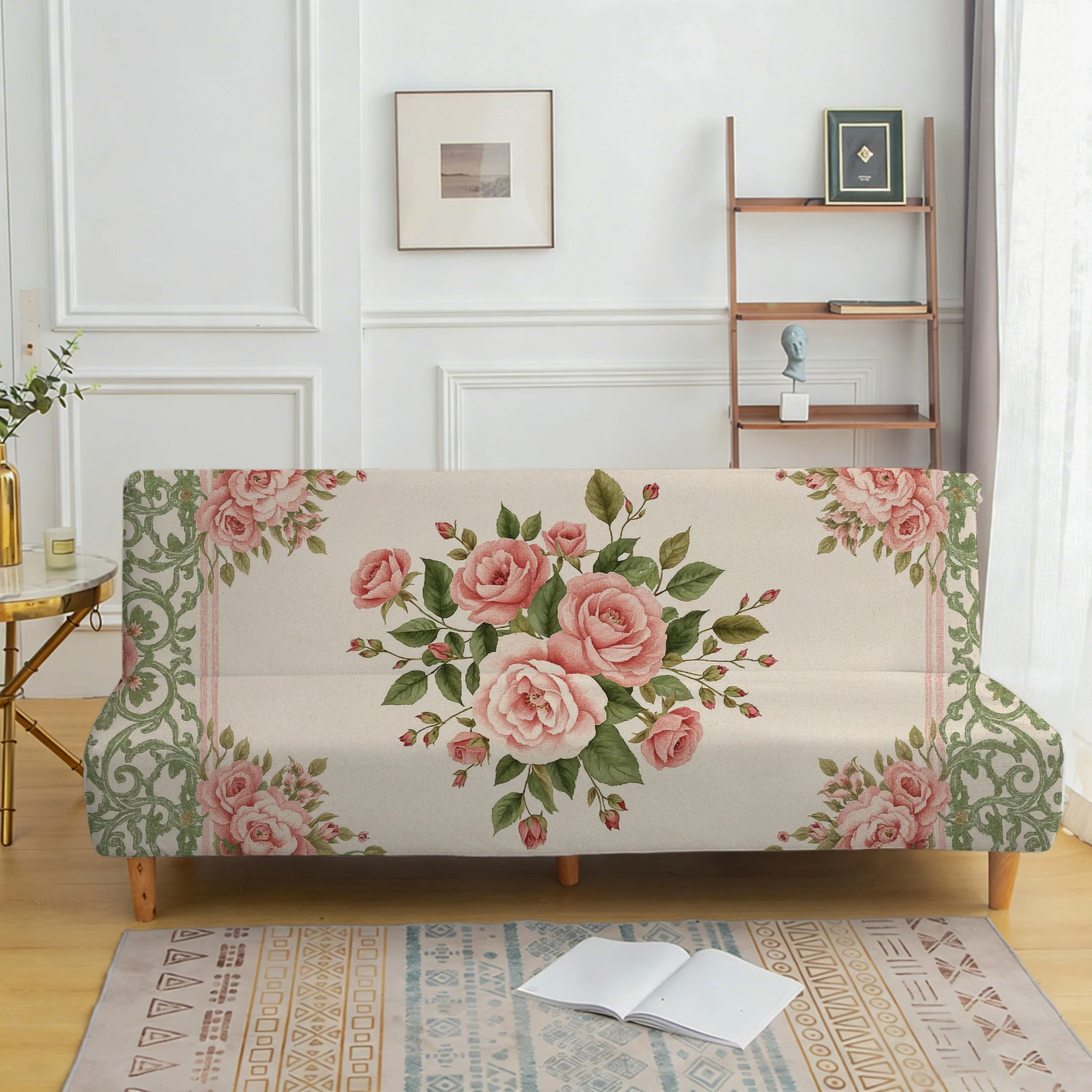 French retro pink rose sofa bedspread, elastic sleeveless sofa cover, dustproof and non-slip furniture protective cover