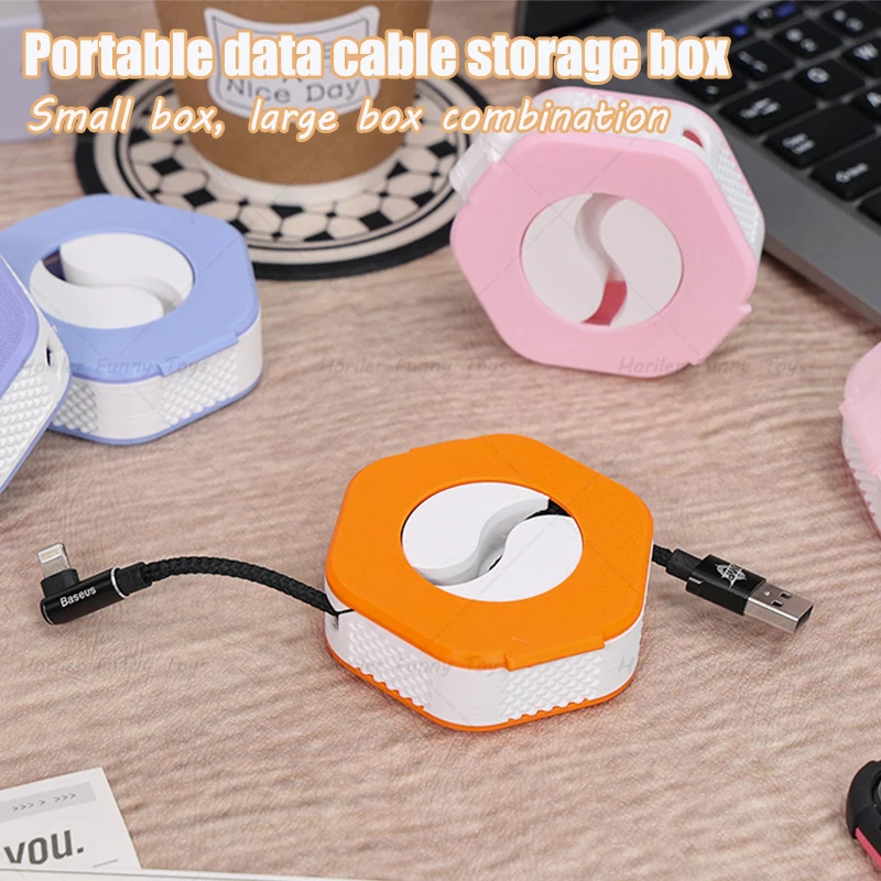 Portable Charger Cord Holder 3D Printed Hexagon Storage Retractable Cable Management Desktop Cable Management Organization