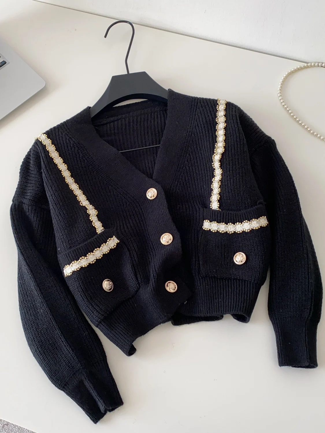 

Embroidery Trimmed V-Neck Cardigan Knitted Jacket Women's Autumn And Winter French Petite Sweater Trend
