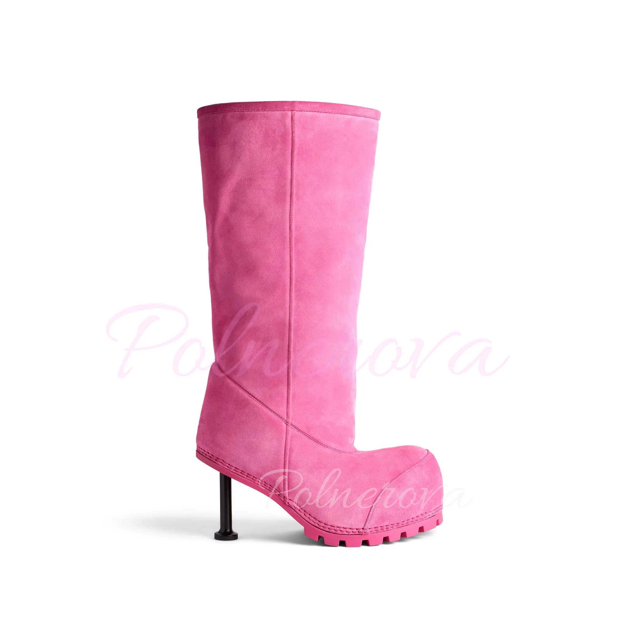 Pink Thin High Heel Boots Women Winter Warm Big Round Toe Snow Booties Female Slip-On Runway Solid Color Zapatos Mujer