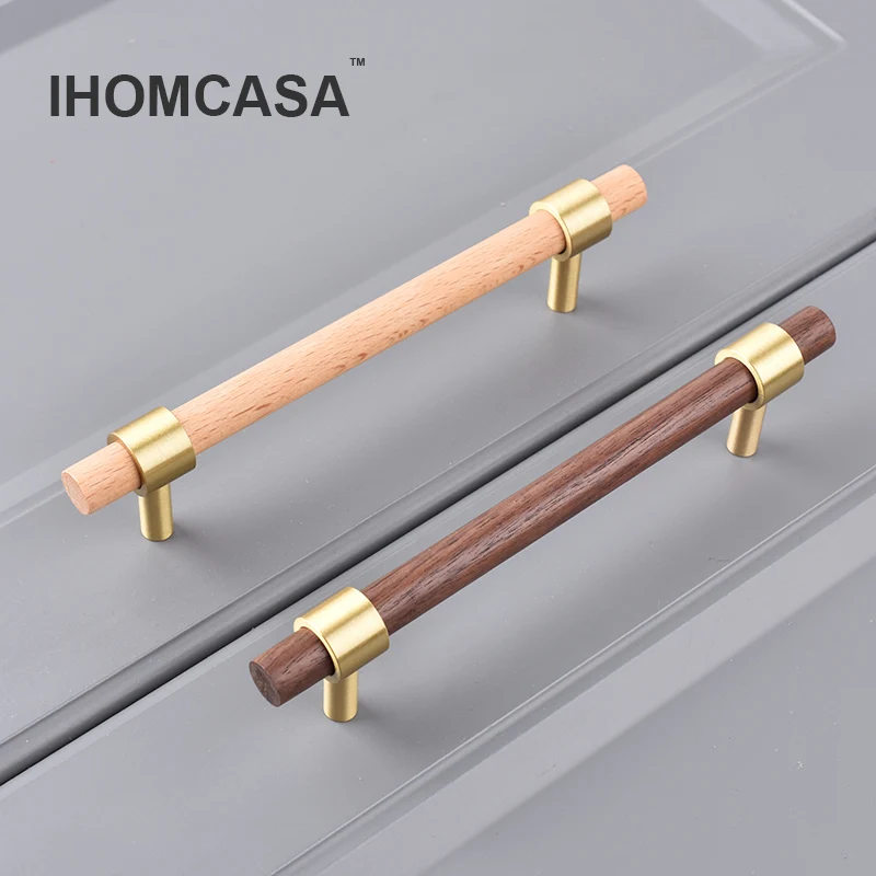 IHOMCASA Nordic Style Brass Black Walnut Furniture Handles Wood Pulls Cupboard Wardrobe Dresser Shoe Box Drawer Cabinet Knobs