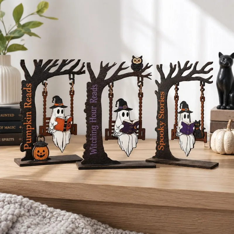 2026 Halloween ghost swing, wooden reading ghost bookshelf, desktop book corner decoration, festival atmosphere ornaments