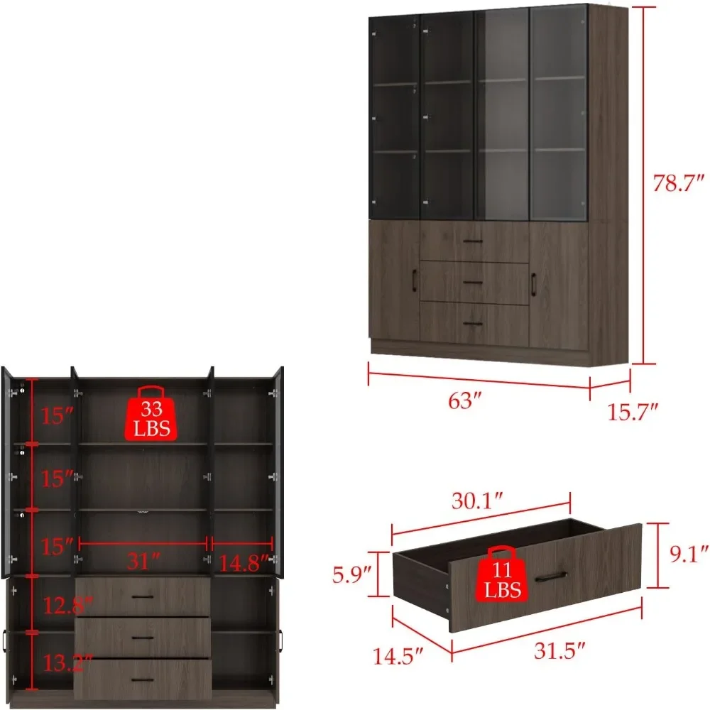 63” Light Display Cabinet with Pop-up Glass Doors Displays Cabinet 5-Tier Shelves & 3 Drawers, Display Cabinets