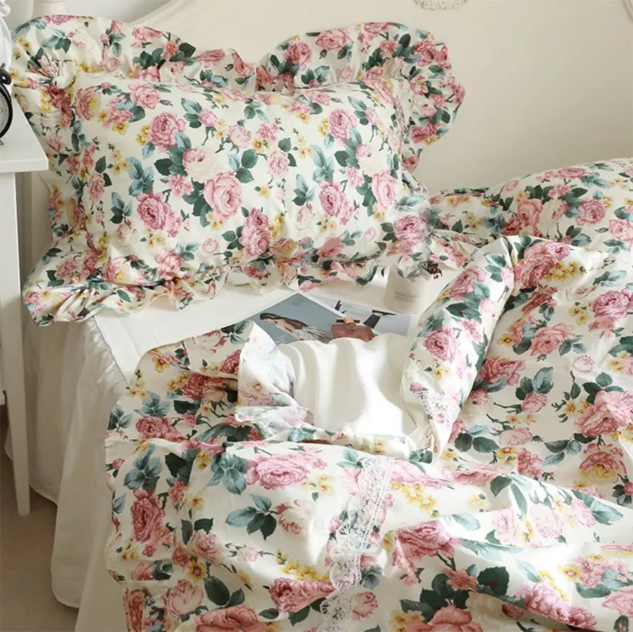 Conjunto de cama floral de algodão Colcha, fronha, colcha, colcha, flor retro pastoral, romântico, completo, rainha, rei, casa