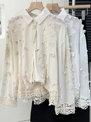 Korean Embroidery Flower Blouse Women Clothing Temperament White Shirts 2024 Blusas Mujer De Moda Hollow Out Loose Blouses Tops