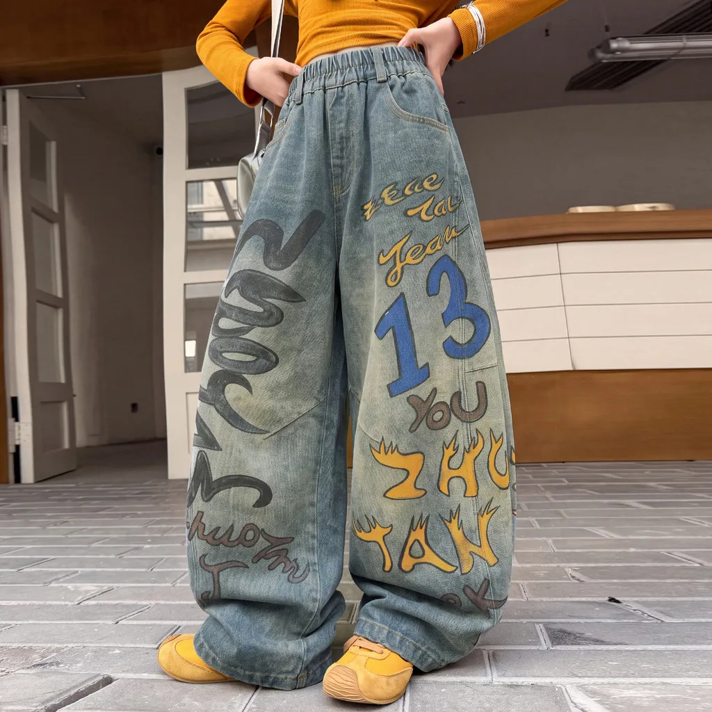 Girls Jeans Letter Graffiti Print Autumn Children Wide Leg Pants 2026