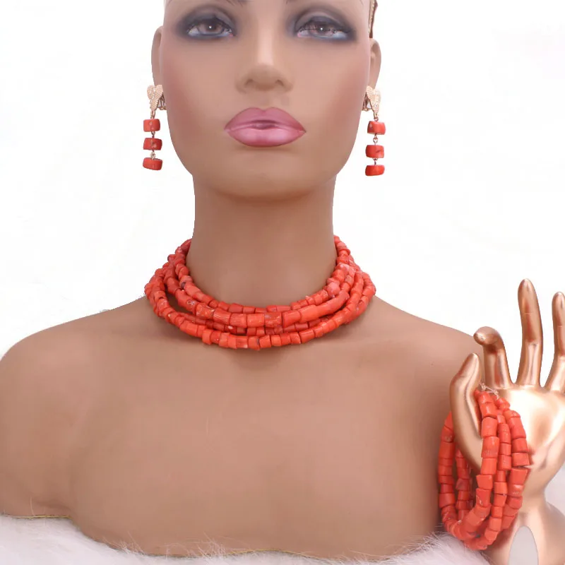 Dudo 8-10mm Nature Coral Beads Nigerian Jewelry Set For Women Luxury 4 Layers