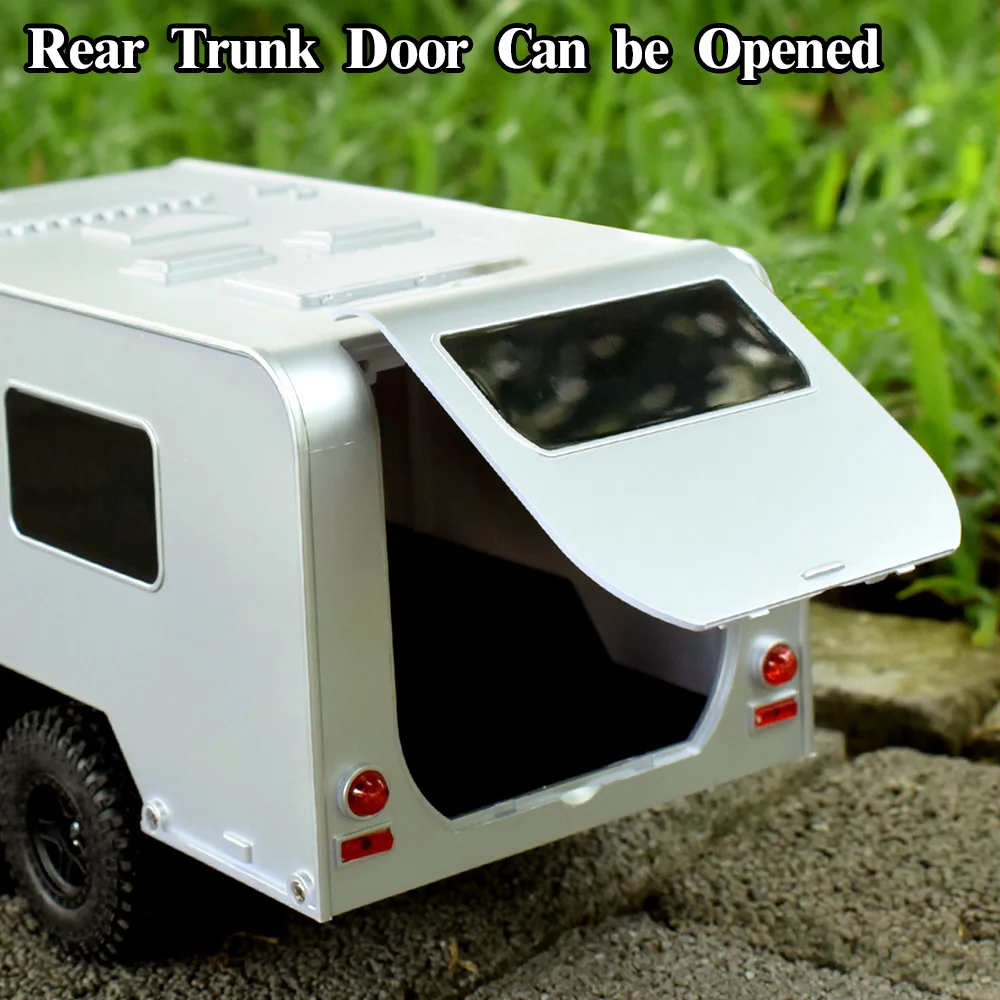 AUSTAR Travel Camper Trailer Simulation RV Vehicle Rear Open Door Dual-axle RV Car with Hitch for 1/18 RC Crawler TRX4M Upgrade