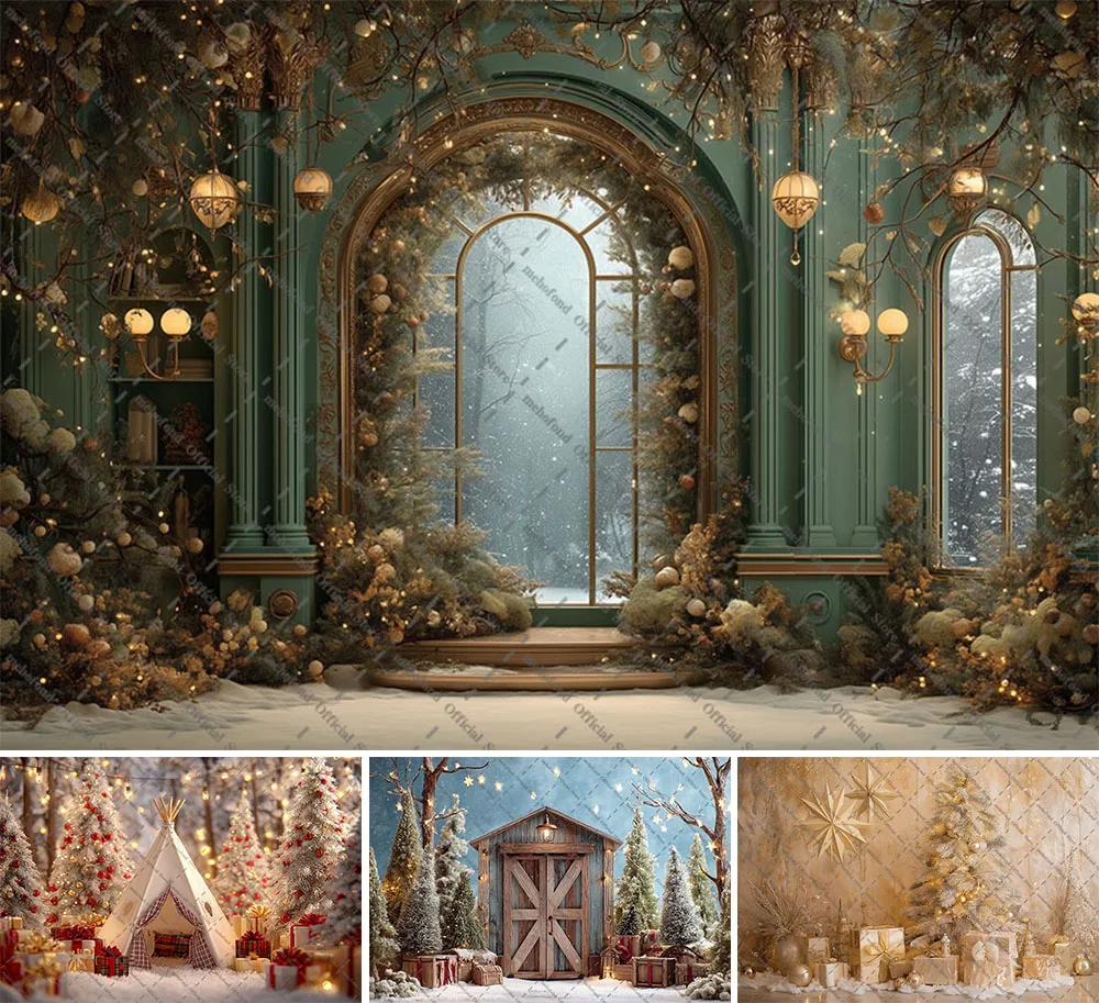 Latar Belakang Fotografi Mehofond Natal Musim Dingin Hutan Salju Berkilauan Pohon Pinus Anak-anak Potret Keluarga Dekorasi Latar Belakang Studio Foto