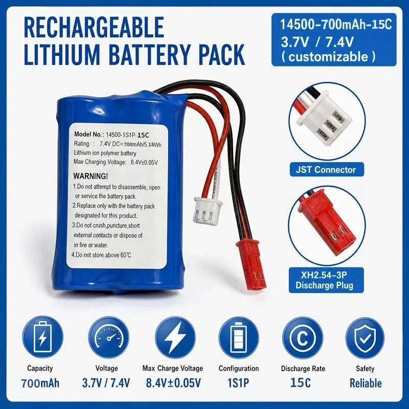 14500 7.4V 700mAh 15C Rate Lithium Battery For Pack with Three Wire Plug for Toy Remote Control Car