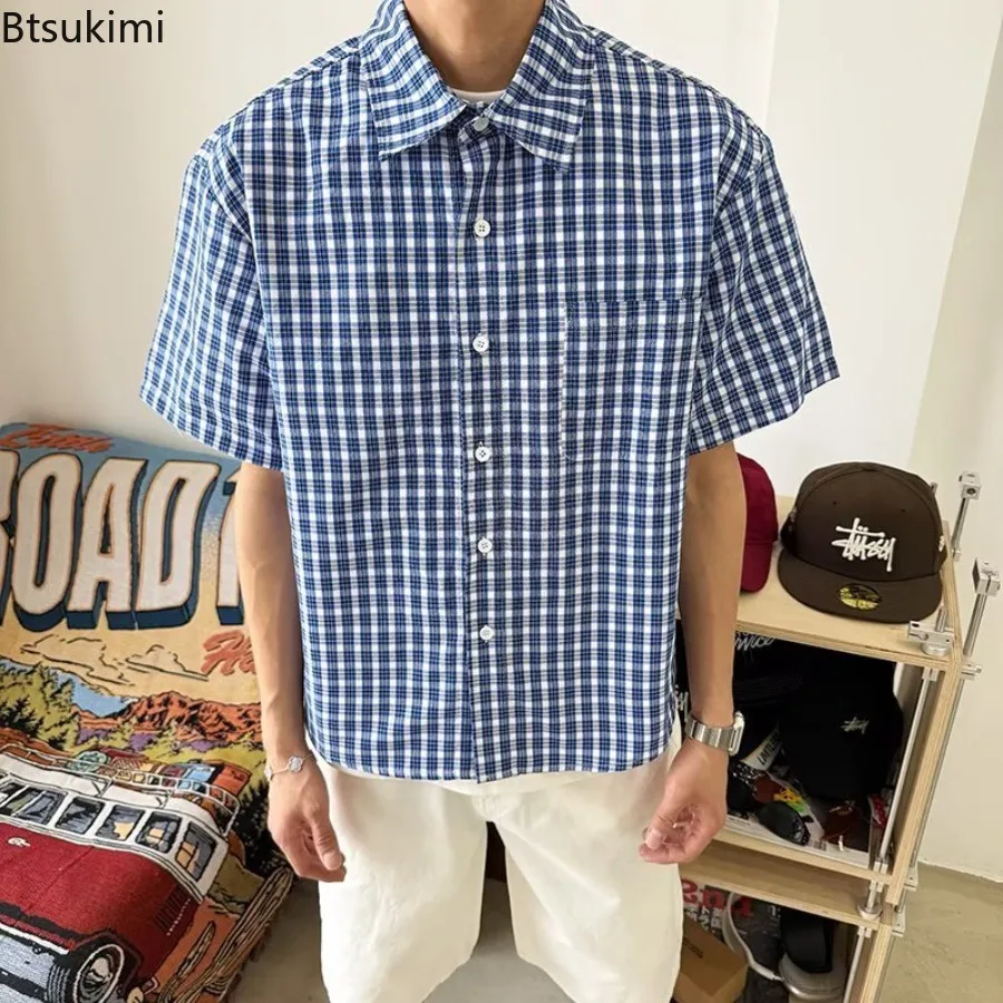 

New Men's Casual Short Sleeve Shirt Tops Summer Daily Leisure Buttoned Turn-down Collar Shirts Men Vintage Plaid Printing Shirt