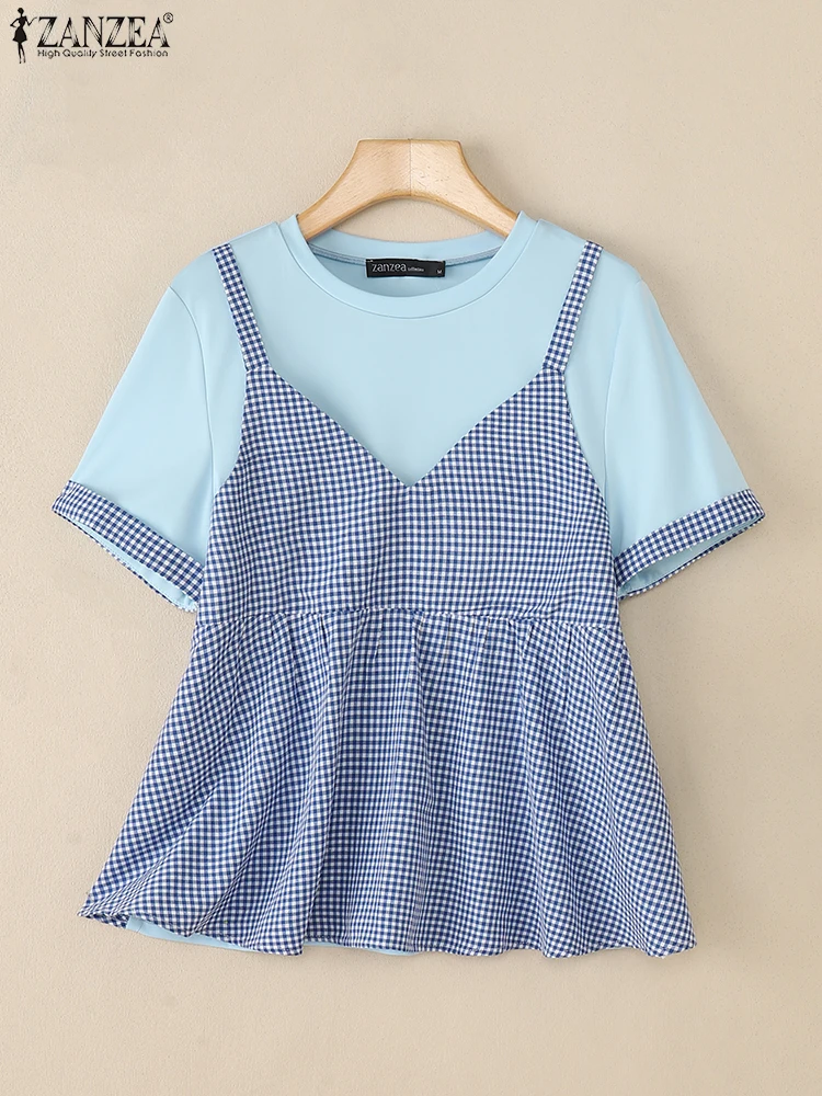 ZANZEA เสื้อฤดูร้อนผู้หญิงปลอม 2 ชิ้นเสื้อแขนสั้น Patchwork Blusas เสื้อทํางานลําลองหญิง Chemise Oversize