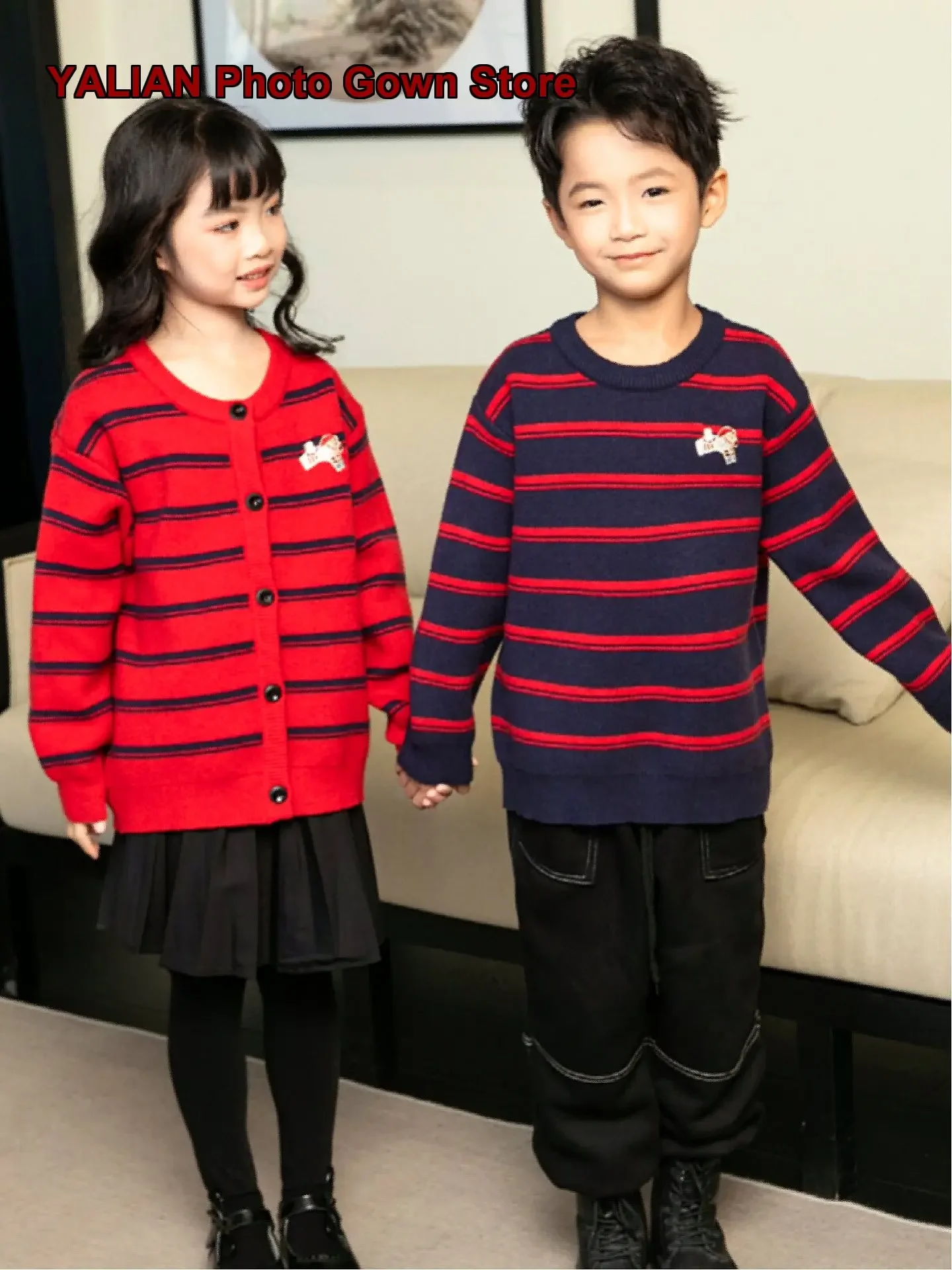 Sibling Knit Set Boys Girls Autumn Winter Fair Isle Pattern Stylish Zip-Up Coat Brother Sister Outwear