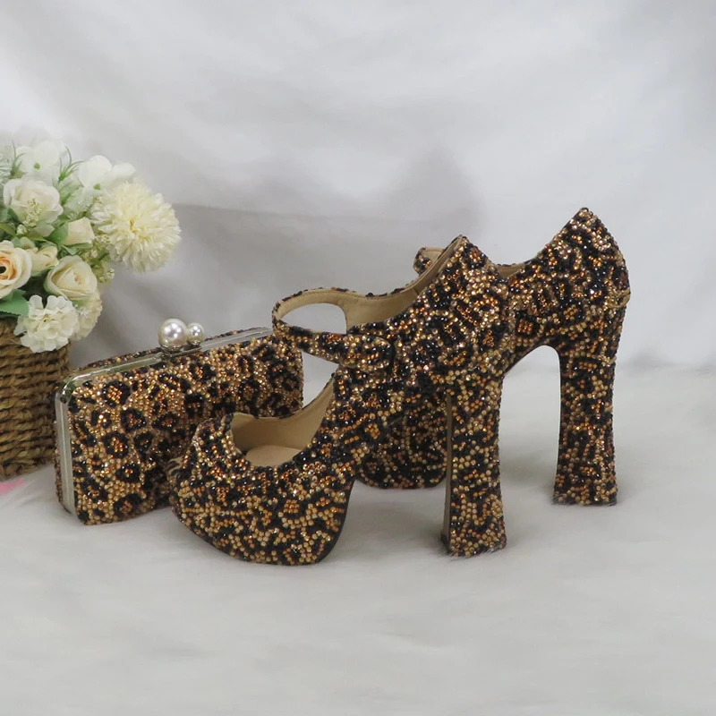 Luxury  Leopard Thick Heel Bridal Wedding shoe and purse Woman High Pumps Open Toe Hook Evening Party Platform Shoes Peep Toe