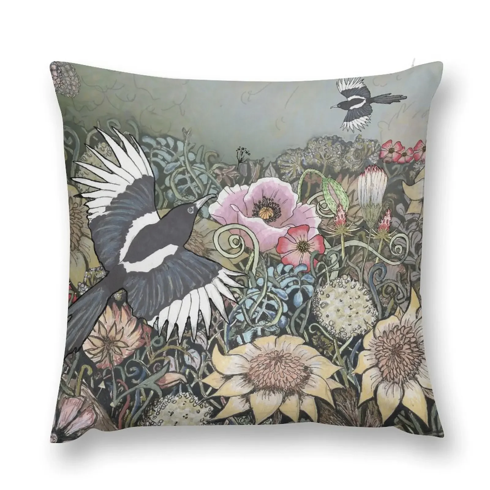 Two Magpies in a wild garden Throw Pillow Embroidered Cushion Cover anime girl pillow