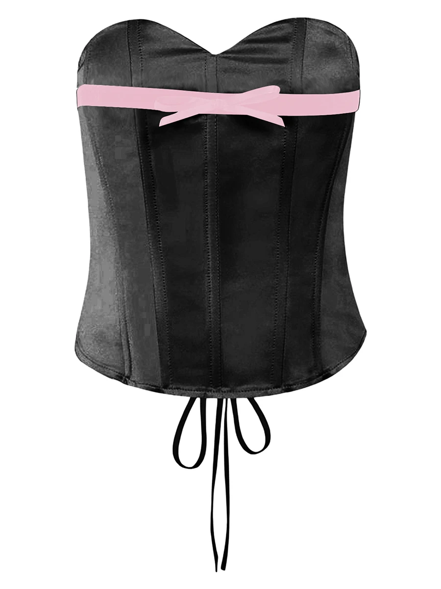 Top a tubino corsetto da donna senza maniche senza spalline con fiocco anteriore Bustier Cross Tie-up Bandeau Tops