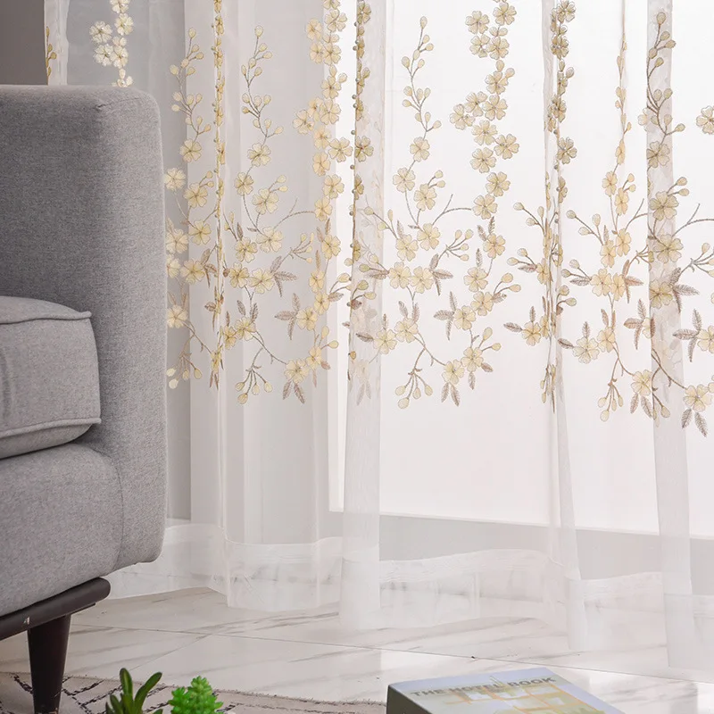 Customized Modern Simple Embroidered Window Screen Small Leaf White Living Room Balcony New Embroidered Tulle Curtains